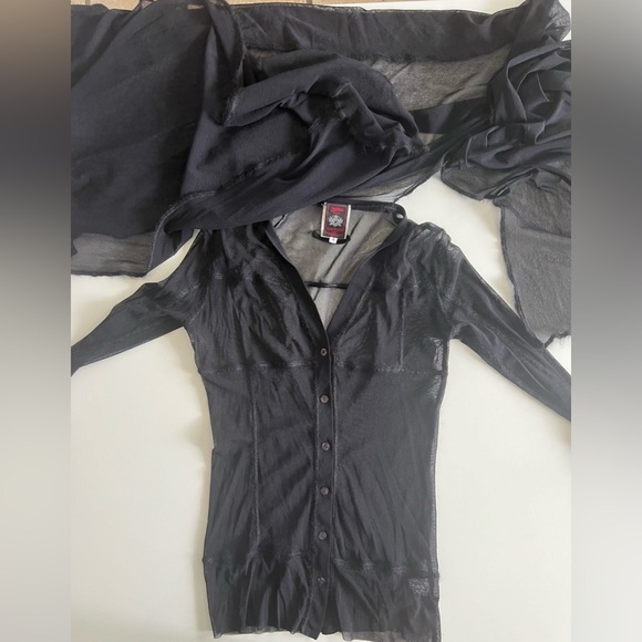Jean Paul Gaultier mesh button front top wool trimming attached scarf 1990s SM - Picture 7 of 16